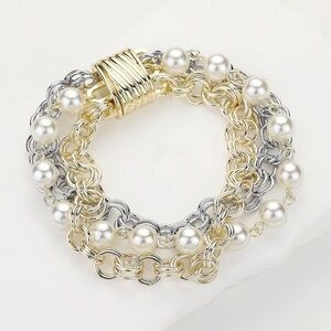 14K Gold Two Tone Chunky Chain Pearl Layered Magnetic Bracelet